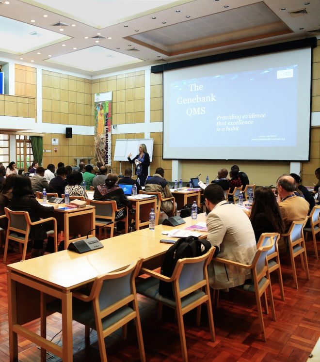 Janny van Beem, Genebank Quality Management Specialist, presents on quality management at the 2016 G.O.A.L workshop at ICRAF’s headquarters in Nairobi, Kenya. Credit: Shawn Landersz 